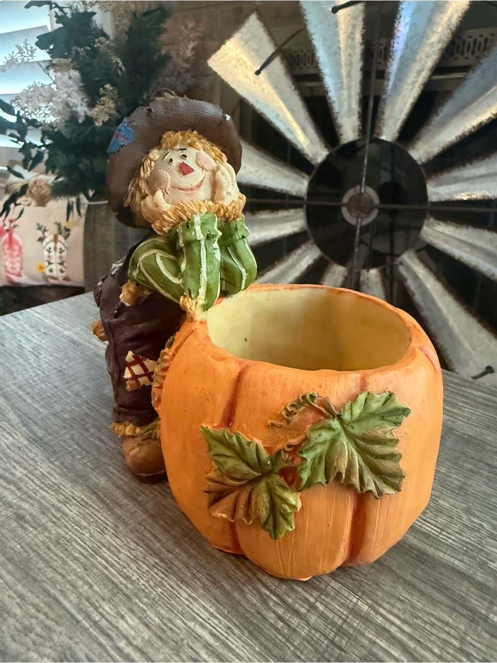 Vintage Fall Scarecrow Pumpkin Planter Tabletop Decor Rustic Harvest